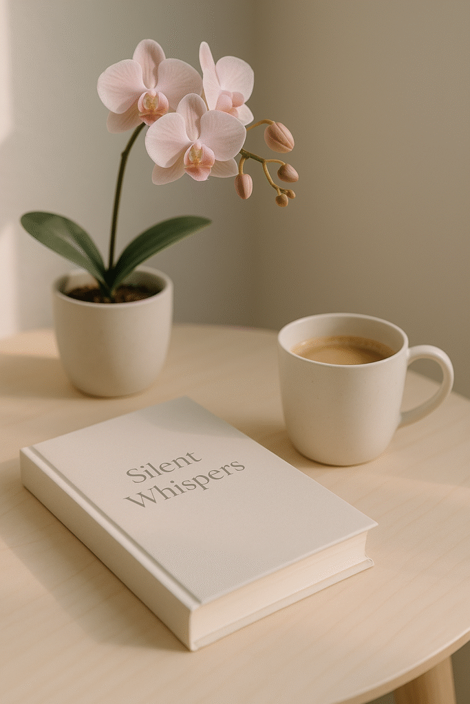 Minimalist scene with a soft pink orchid, a cup of coffee, and a book titled Silent Whispers on a wooden table, reflecting calm inspiration and peaceful rituals.
