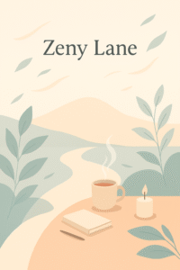 Cozy illustration of a warm cup of tea, a candle, and a notebook on a peaceful path surrounded by leaves, symbolizing calm inspiration and gentle rituals.