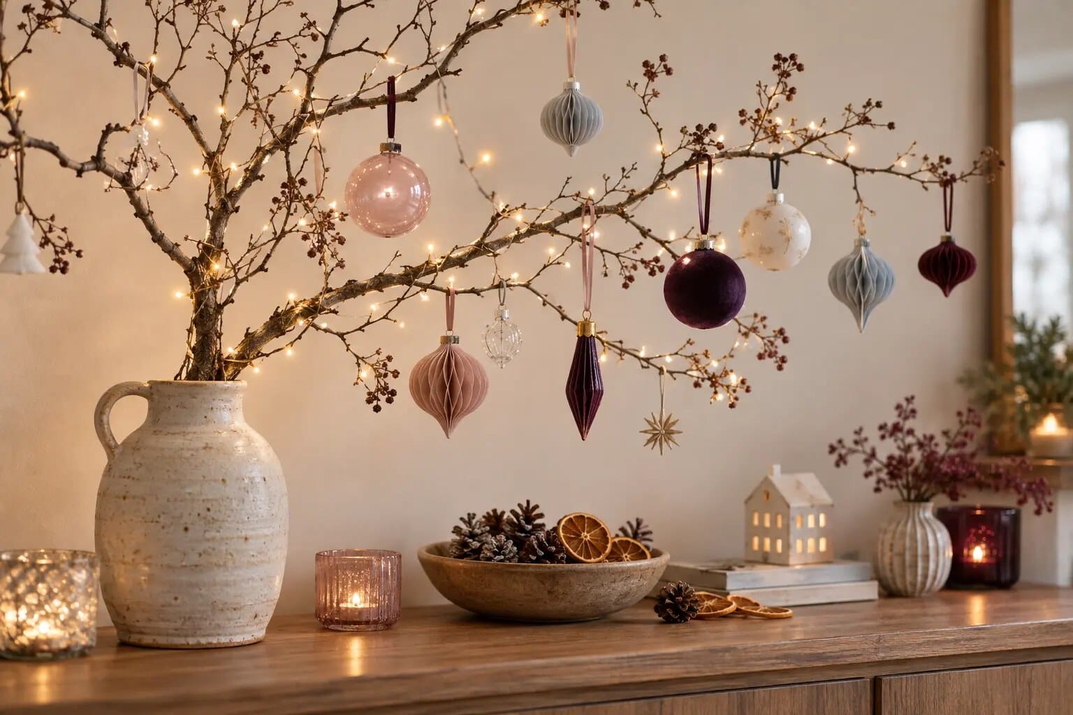 Bare branch in a vase with pink, burgundy and grey-blue ornaments