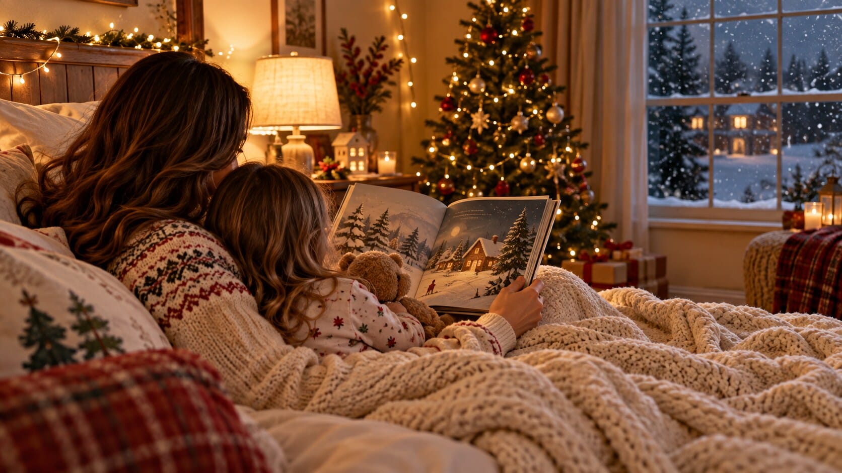 Christmas bedtime story reading with children in a cosy bedroom