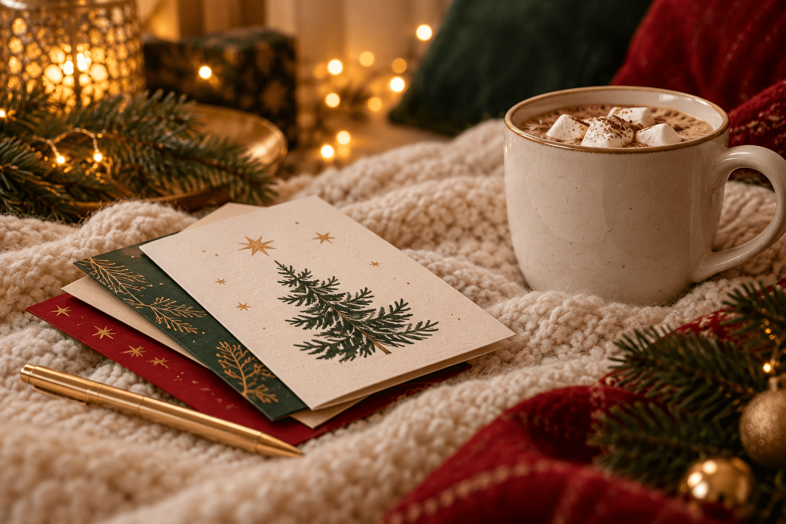 Writing Christmas cards with hot chocolate and fairy lights