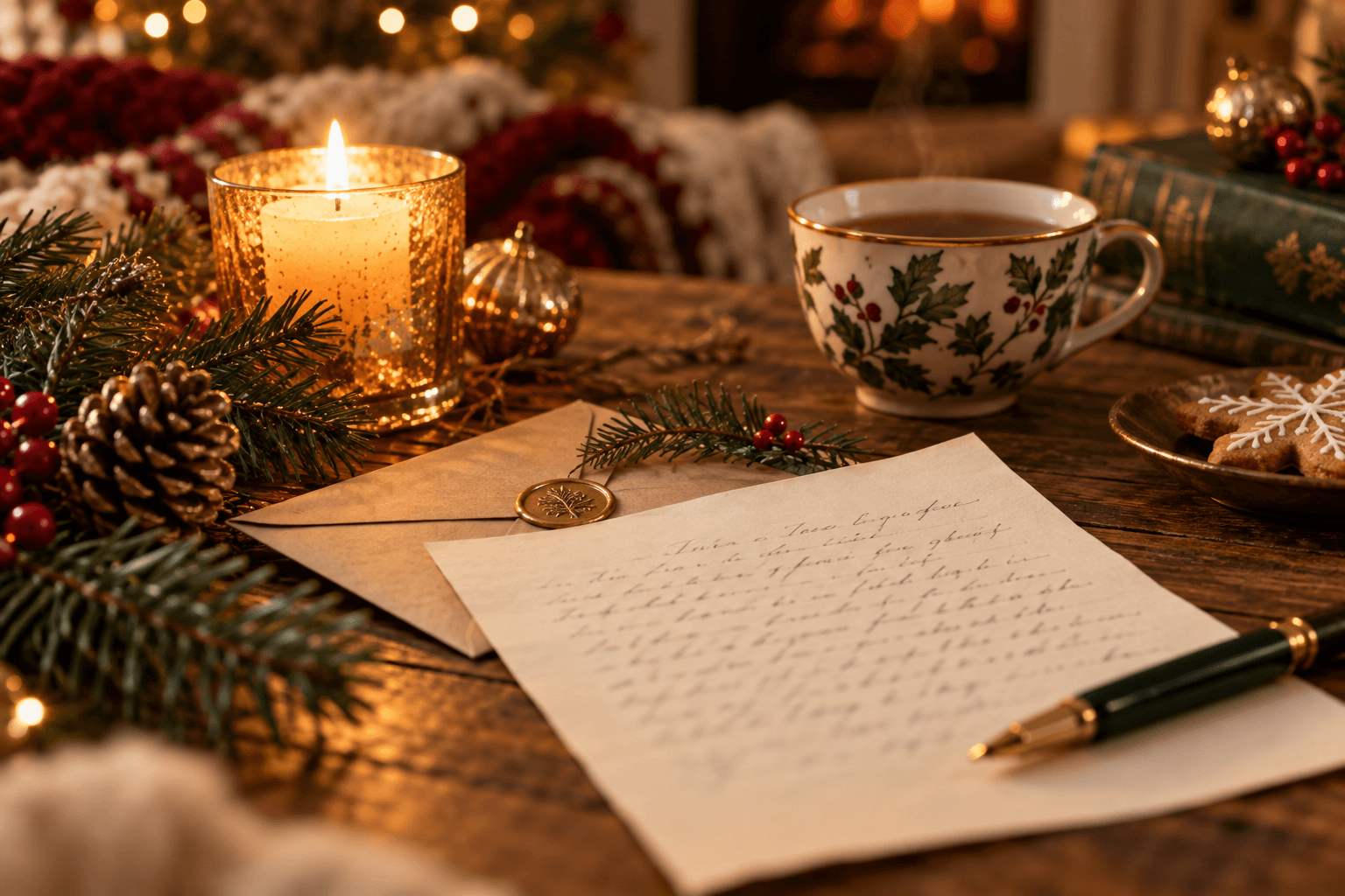 Handwritten Christmas letter with candle and tea