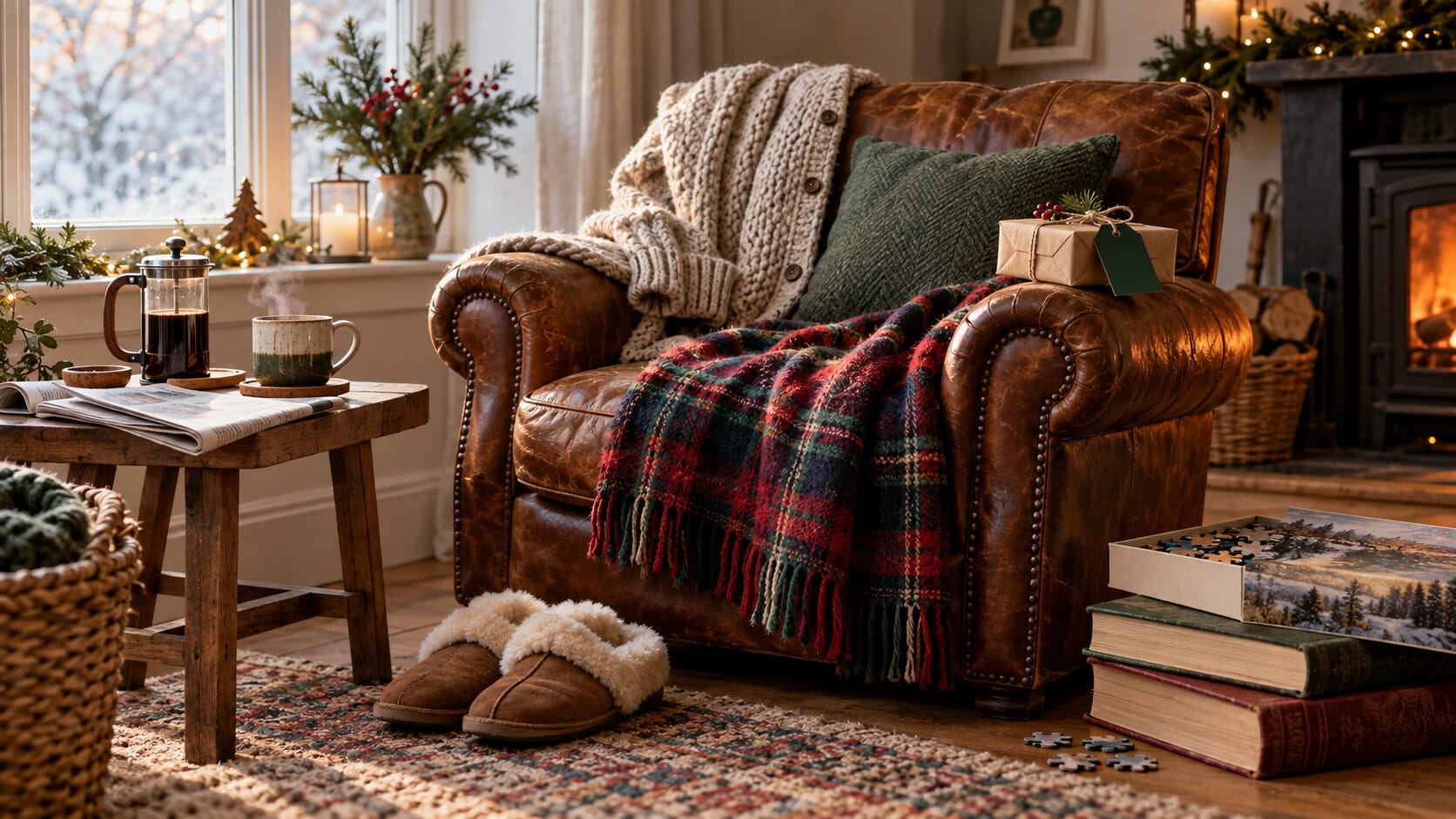 Cosy Christmas gifts for Dad beside a warm leather armchair