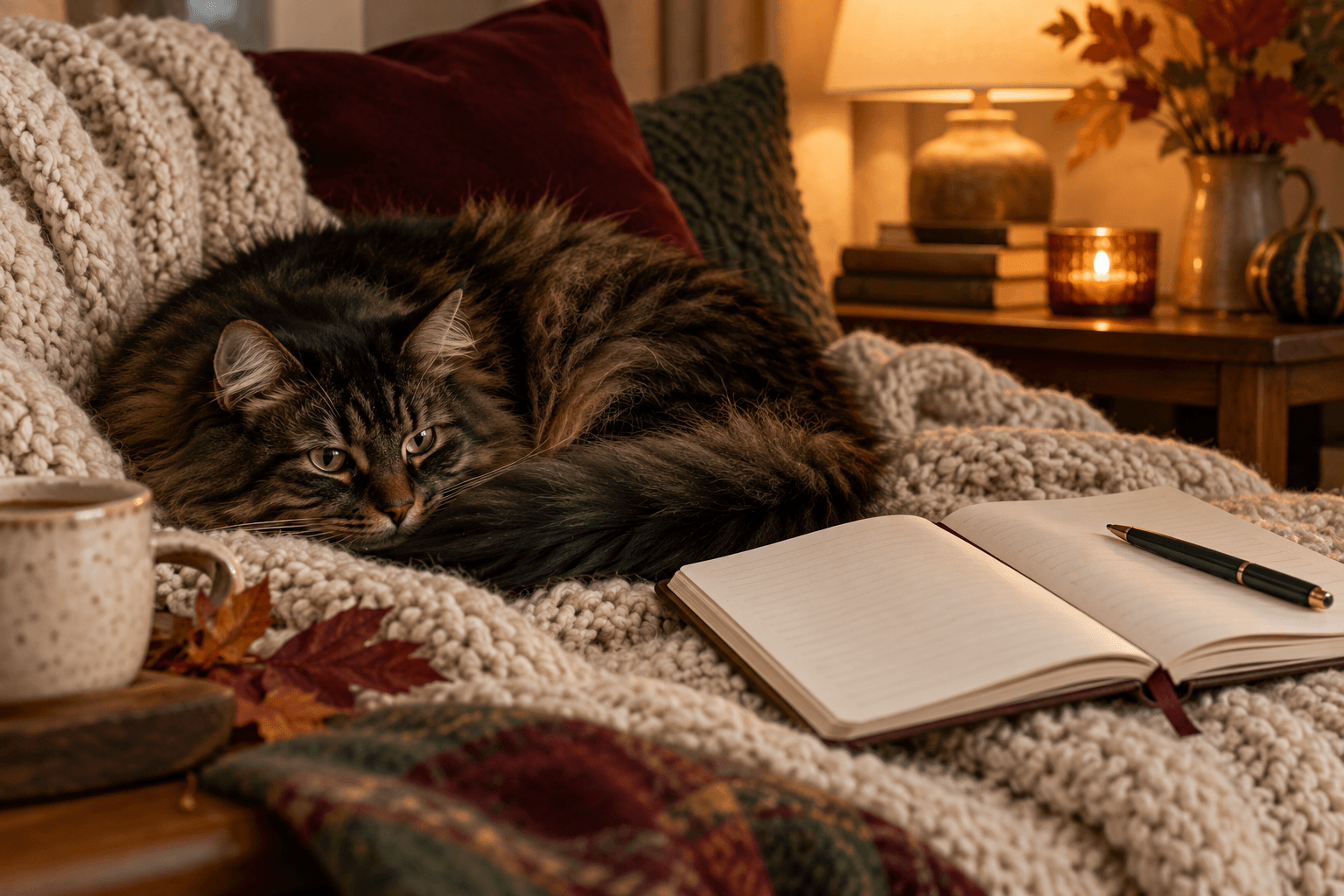 Cat curled up on a blanket next to an open journal on a quiet autumn evening