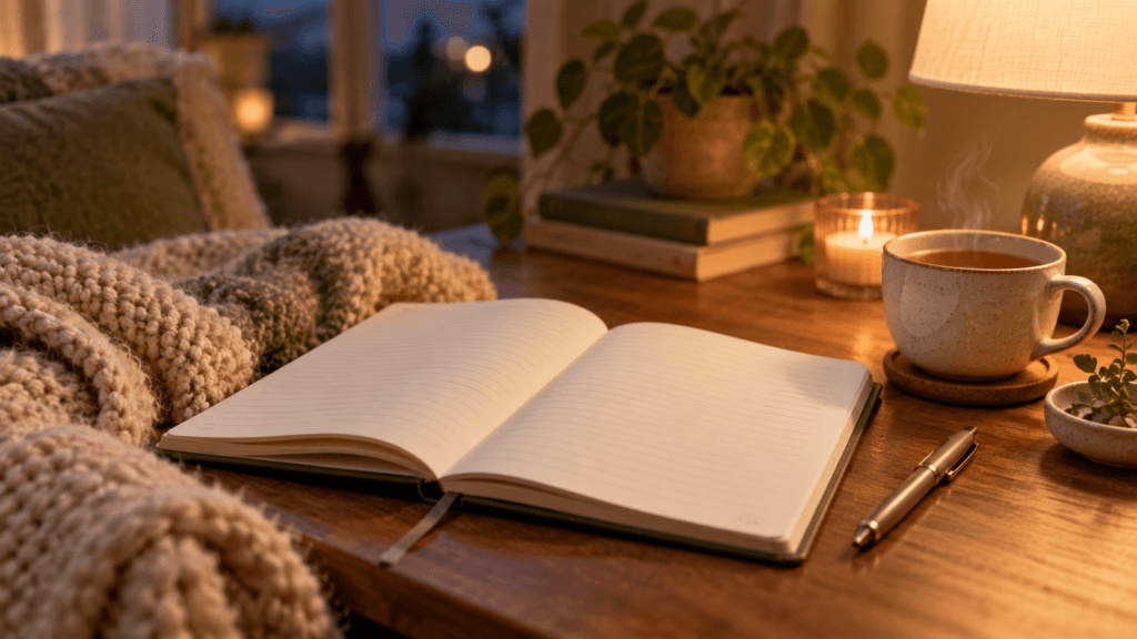 Open notebook beside a cup of tea under warm lamplight for a cosy evening journaling ritual