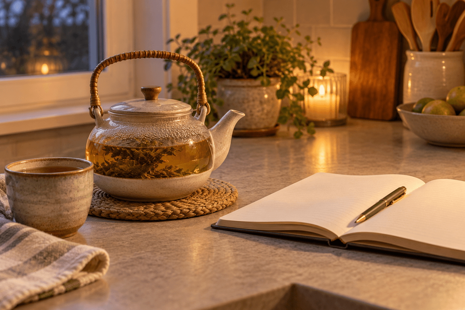 Teapot steeping next to a notebook and pen, pairing journaling with an evening tea ritual
