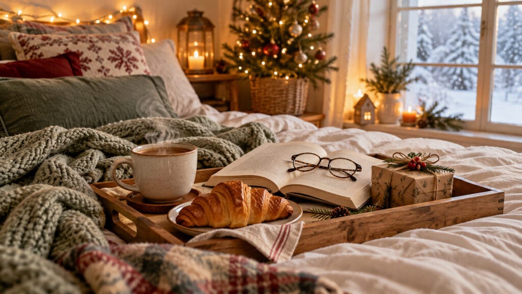 Quiet Christmas morning breakfast tray with coffee and an open book