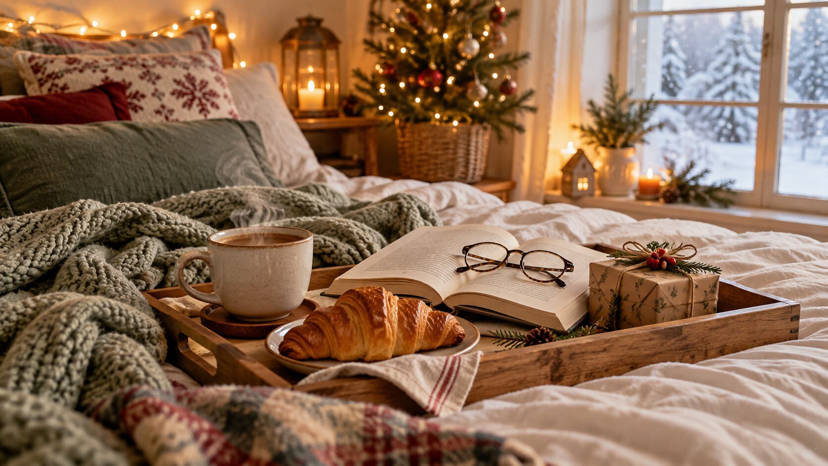 Quiet Christmas morning breakfast tray with coffee and an open book