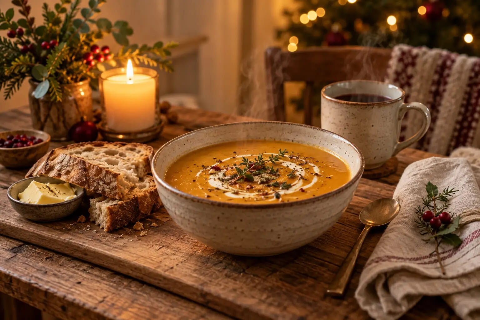 Simple cosy Christmas meal with soup and rustic bread