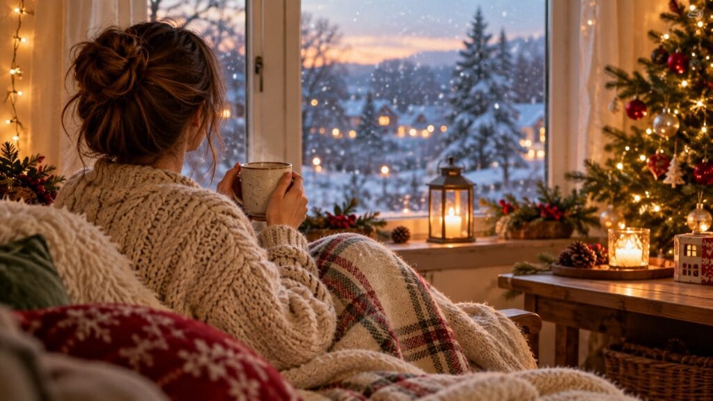 Woman enjoying tea by a snowy window during a slow December evening