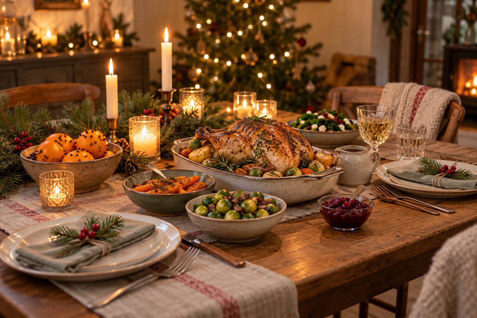 Quiet Christmas table set for two or three in a cosy room