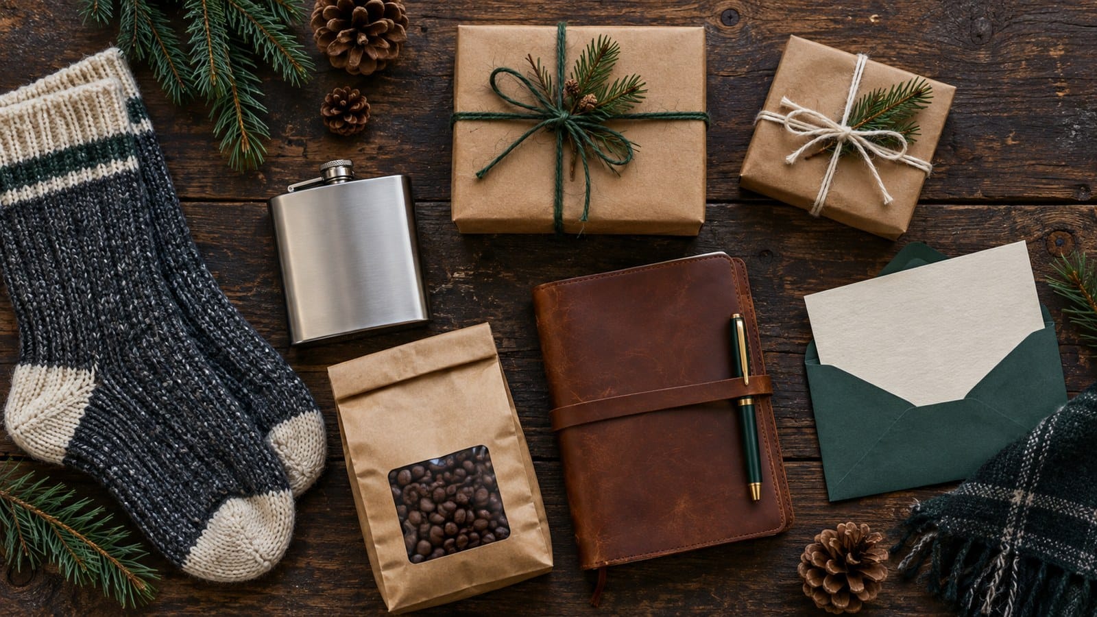 Thoughtful Christmas gifts for men arranged on a rustic wooden table