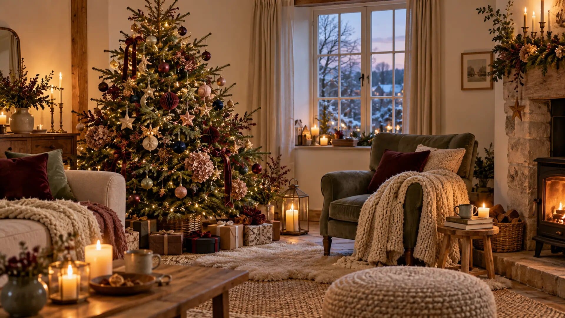 Classic green Christmas tree in a cosy candlelit living room