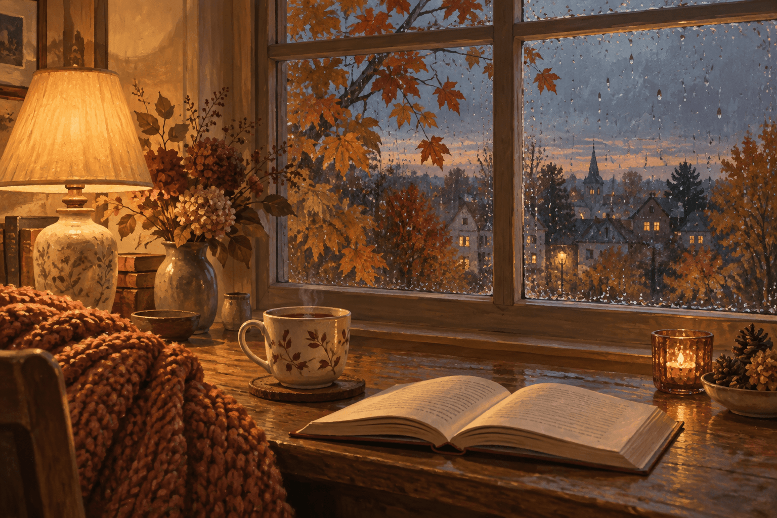 Warm autumn room with a lamp, tea and a book beside a rain-speckled window