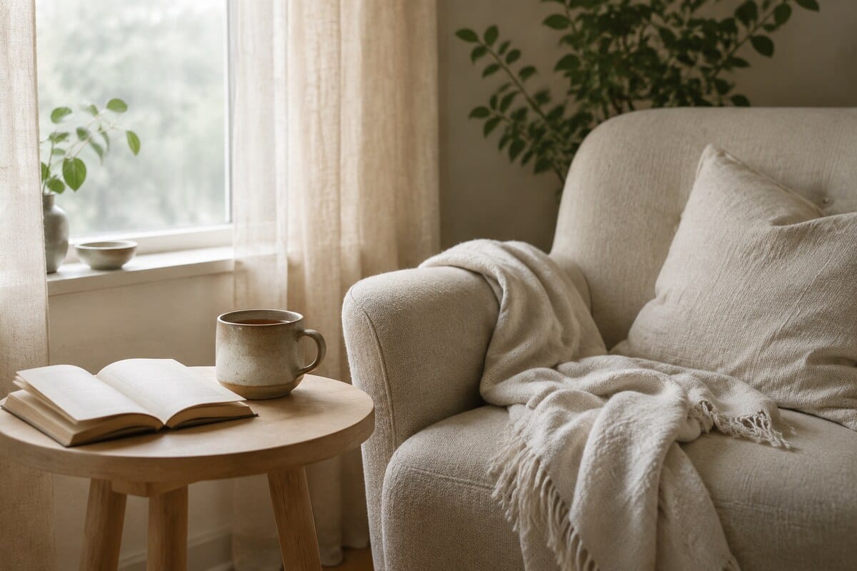 A calm reading corner beside a softly lit window