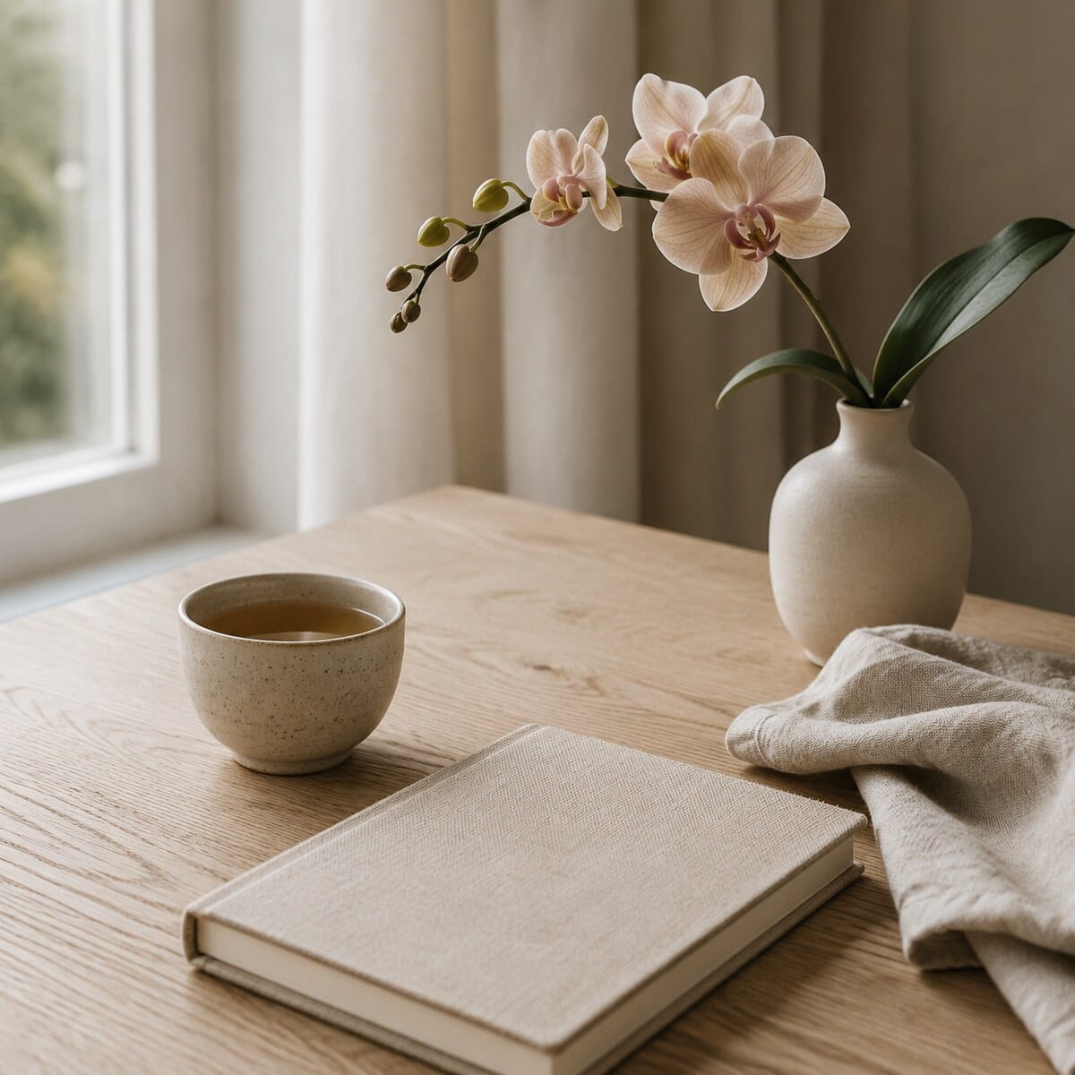 A quiet morning ritual with tea, a linen journal and an orchid