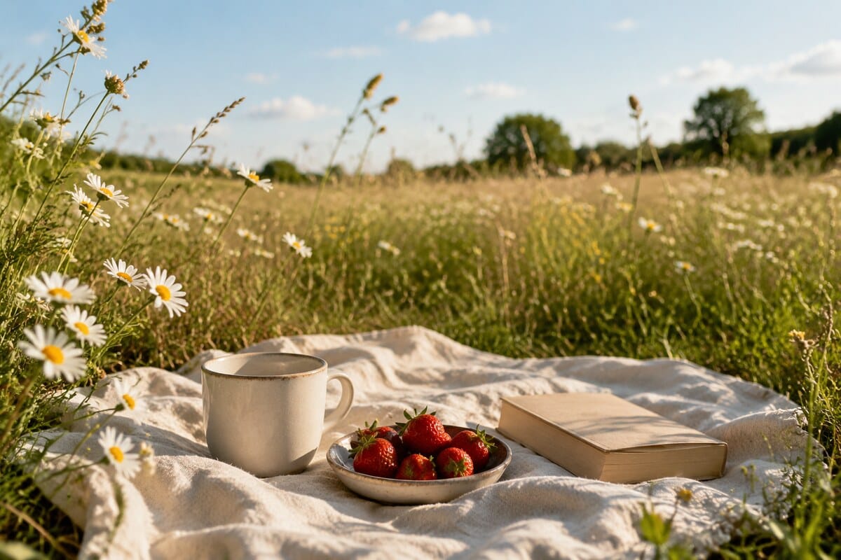 A peaceful summer picnic among wild daisies