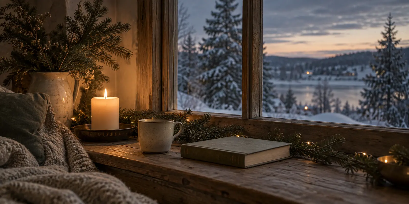 A candle, warm drink and book beside a snowy winter window