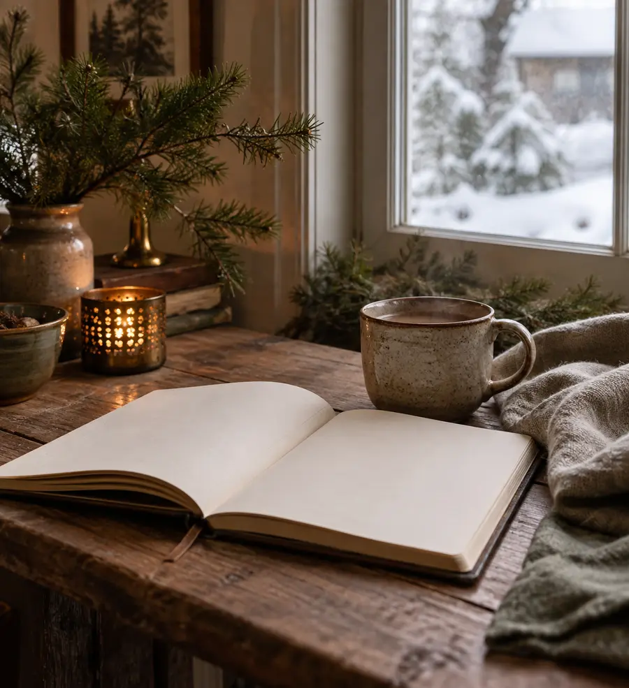 An open journal and warm drink by a snowy winter window