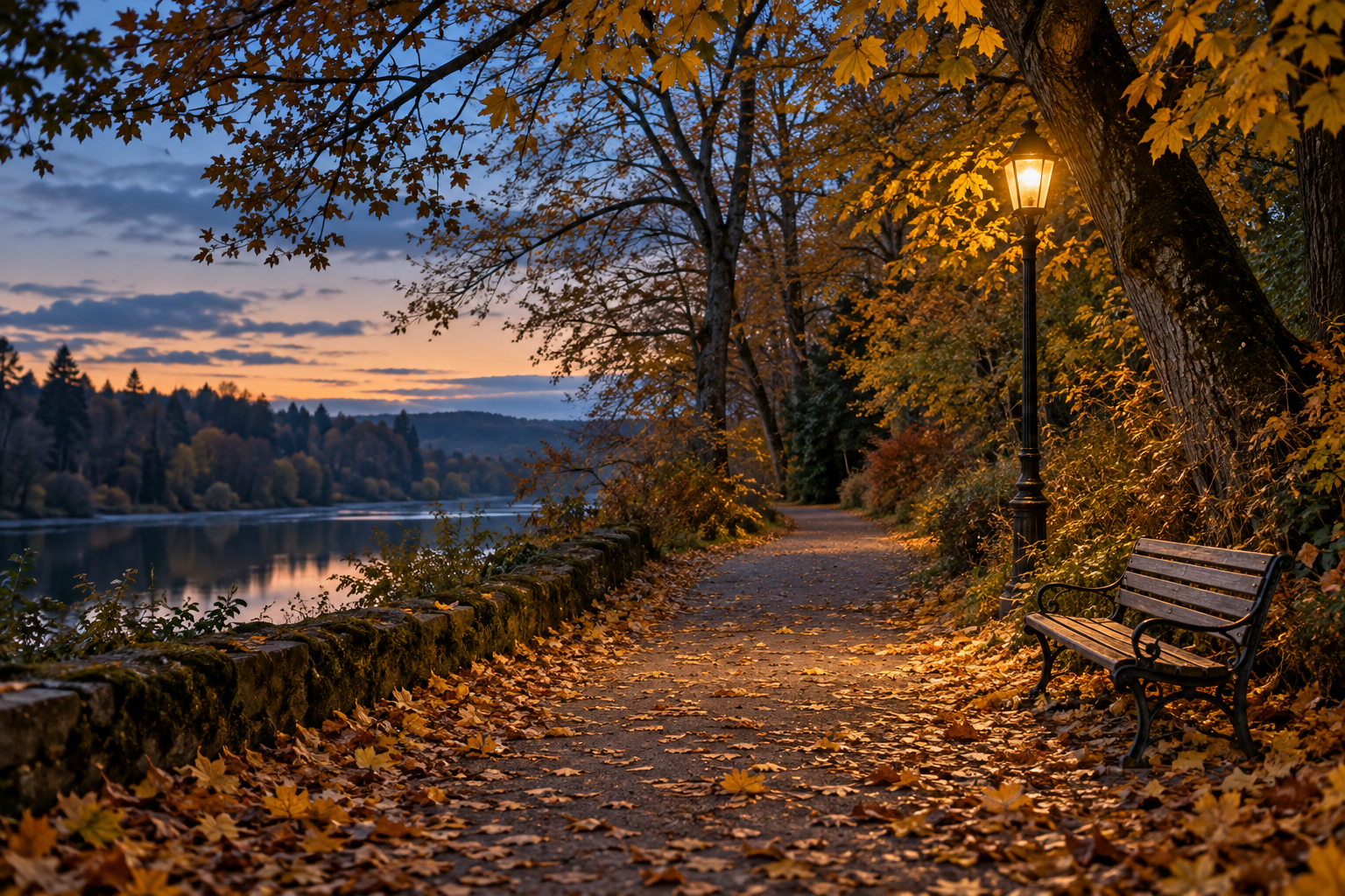 A quiet autumn path at dusk, perfect for a short walk after a phone call