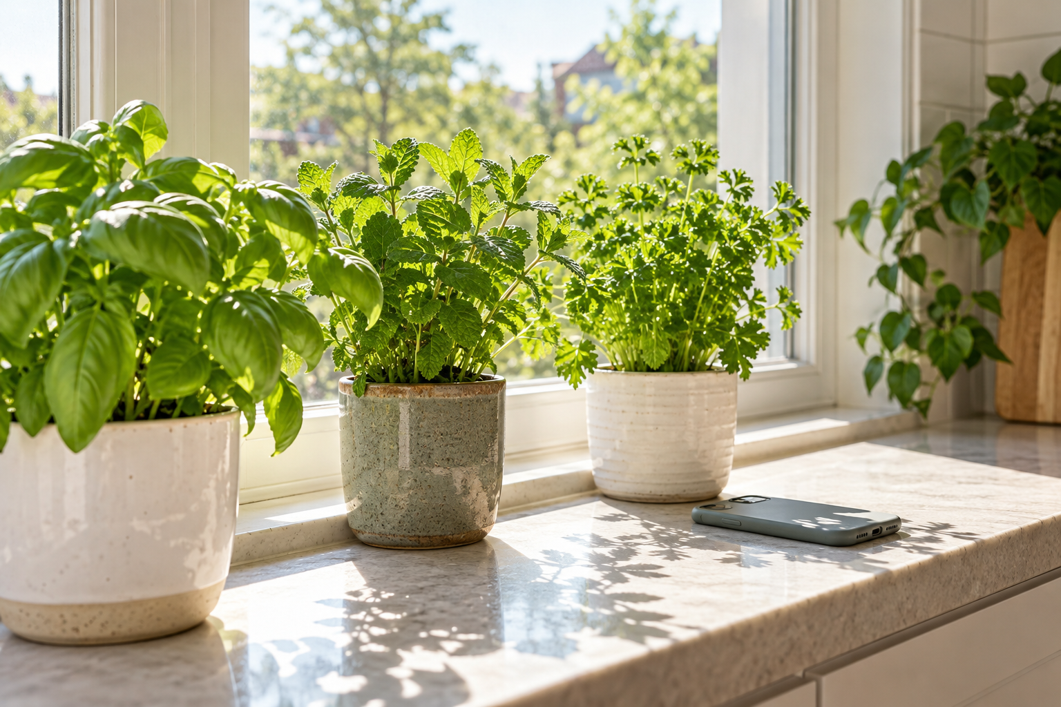 A phone resting on a sunny kitchen windowsill among pots of herbs
