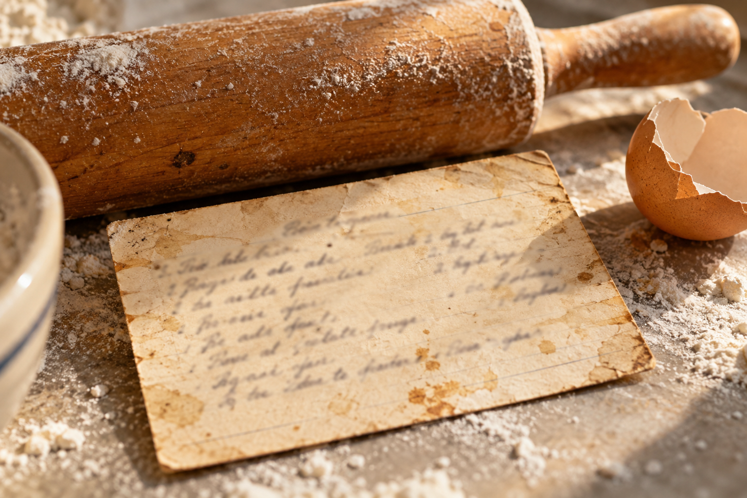 An old handwritten family recipe card on a floured kitchen counter