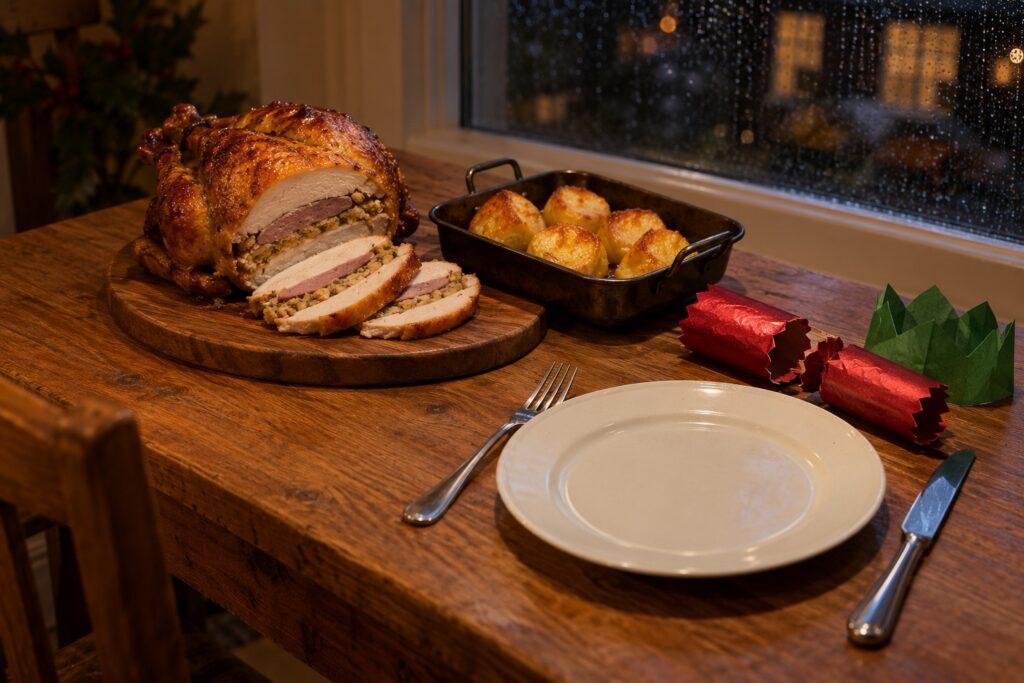 Sliced three-bird roast on a wooden board with roast potatoes and a single place setting for Christmas dinner for one