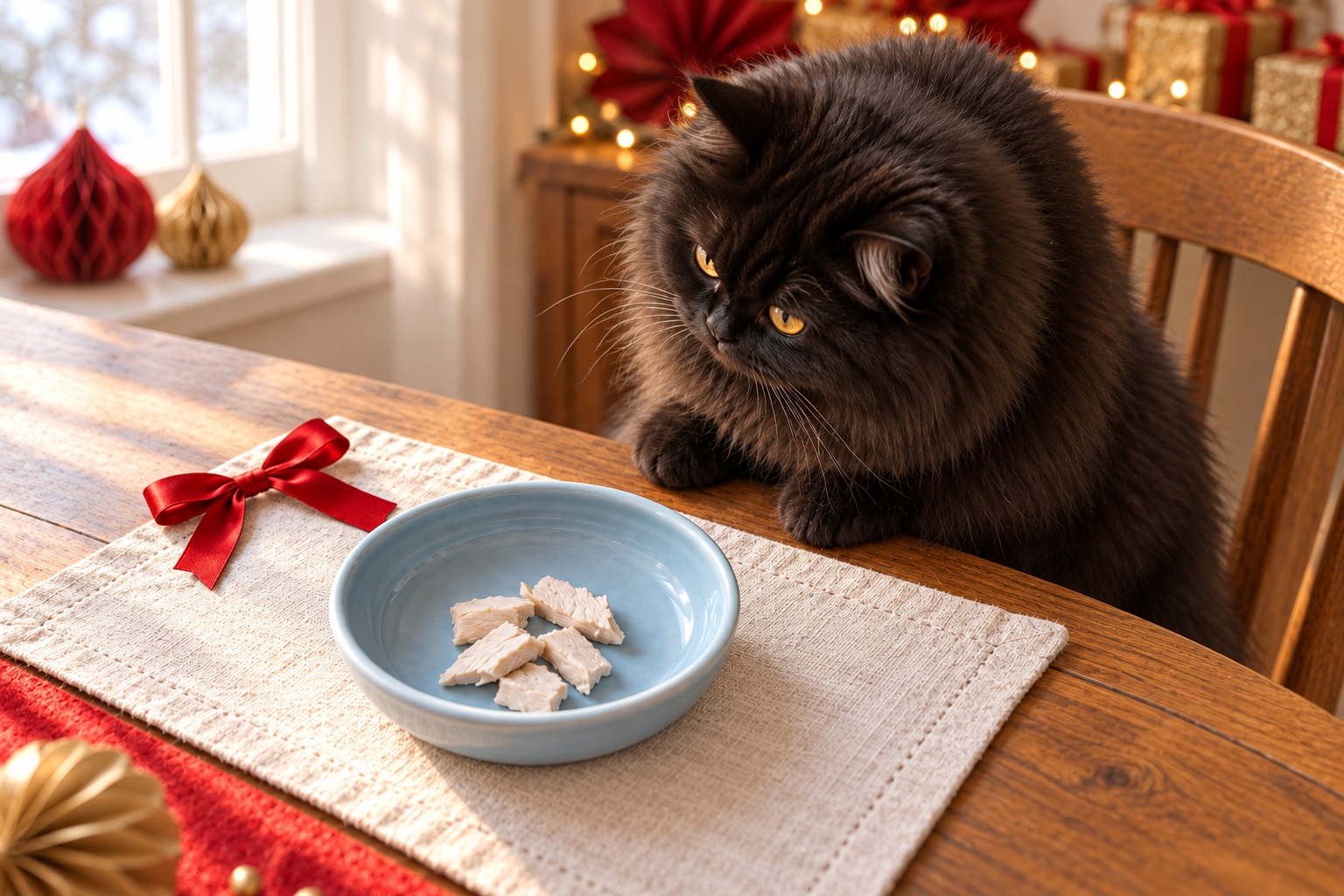 A cat's Christmas dinner of plain turkey pieces in a small ceramic bowl on a kitchen floor with a red ribbon
