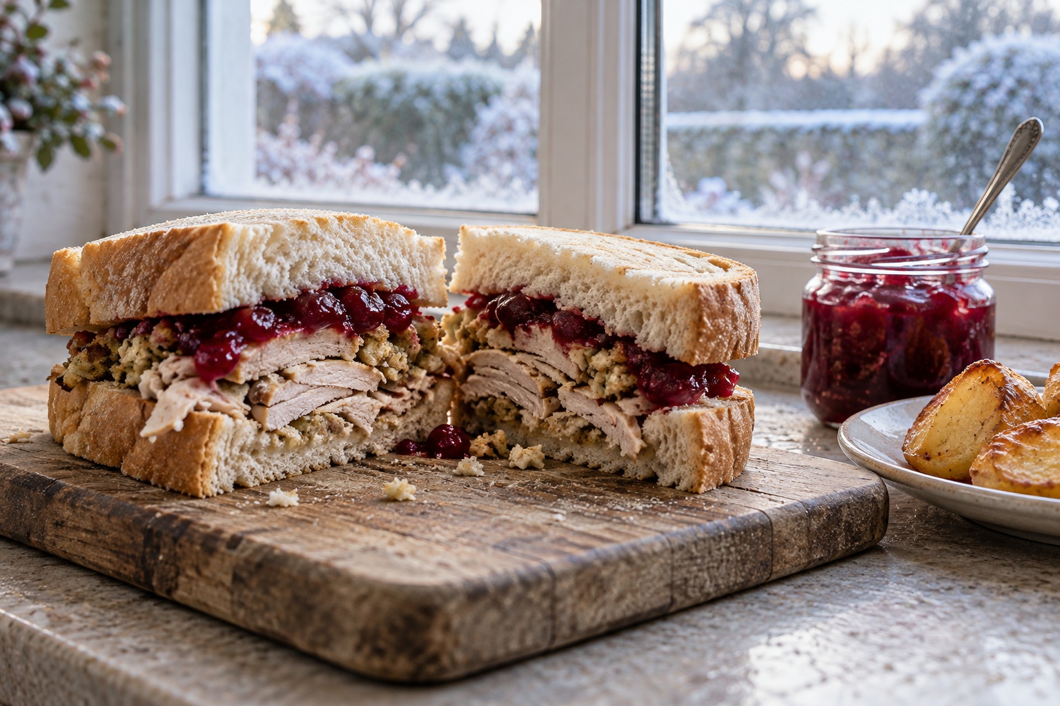 Boxing Day leftover sandwich with sliced meat, stuffing and cranberry sauce on a breadboard by a window