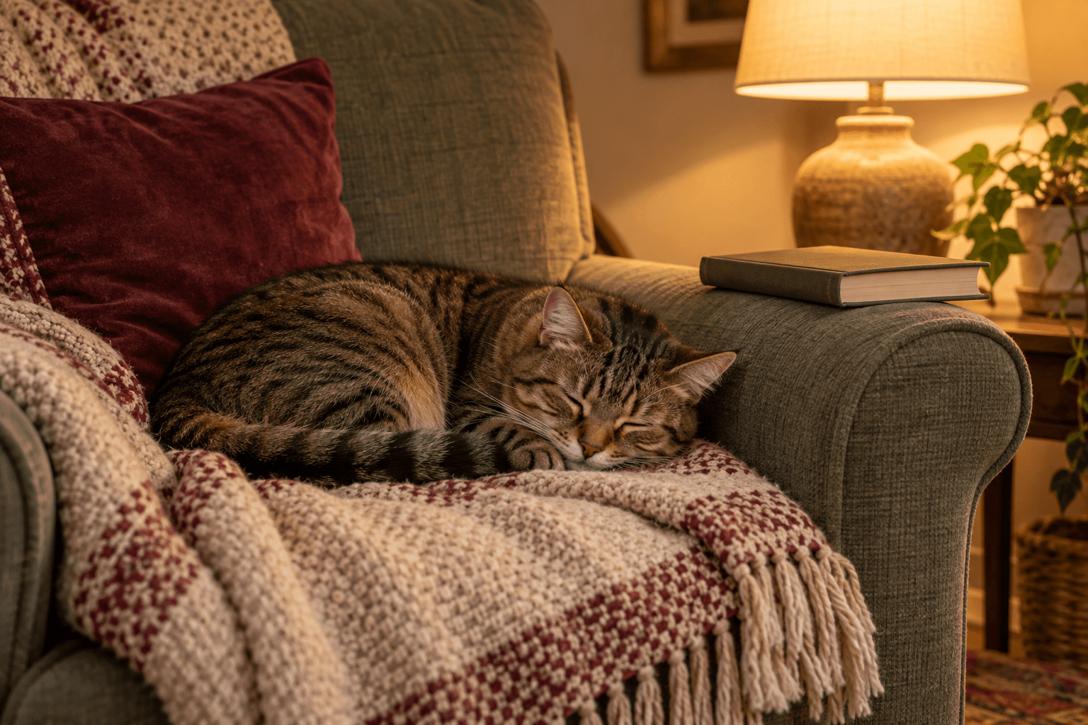 A cat asleep in a cosy reading chair next to a book