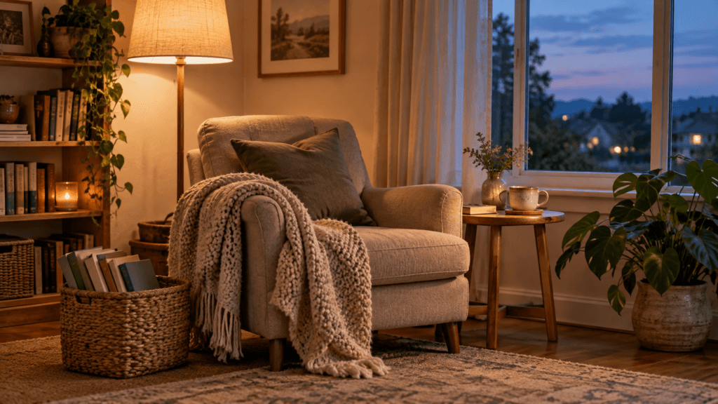 A cosy reading corner with an armchair, a warm lamp and a basket of books in a small home