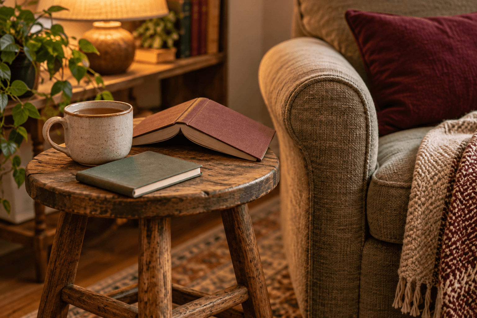 A cup of tea and an open book on a small stool beside a reading chair