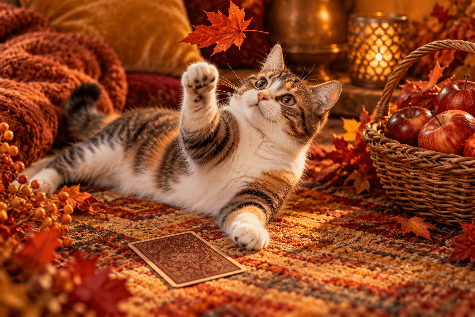A playful cat batting a falling maple leaf beside a face-down tarot card and a basket of apples