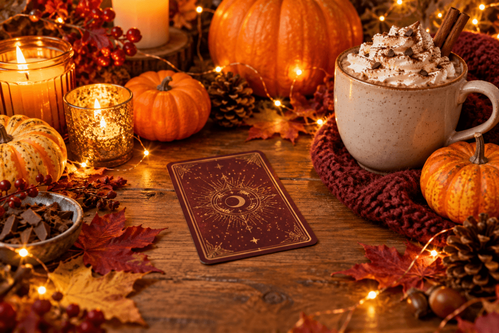 A tarot card face down among little pumpkins, candles and a mug of hot chocolate with autumn leaves and fairy lights