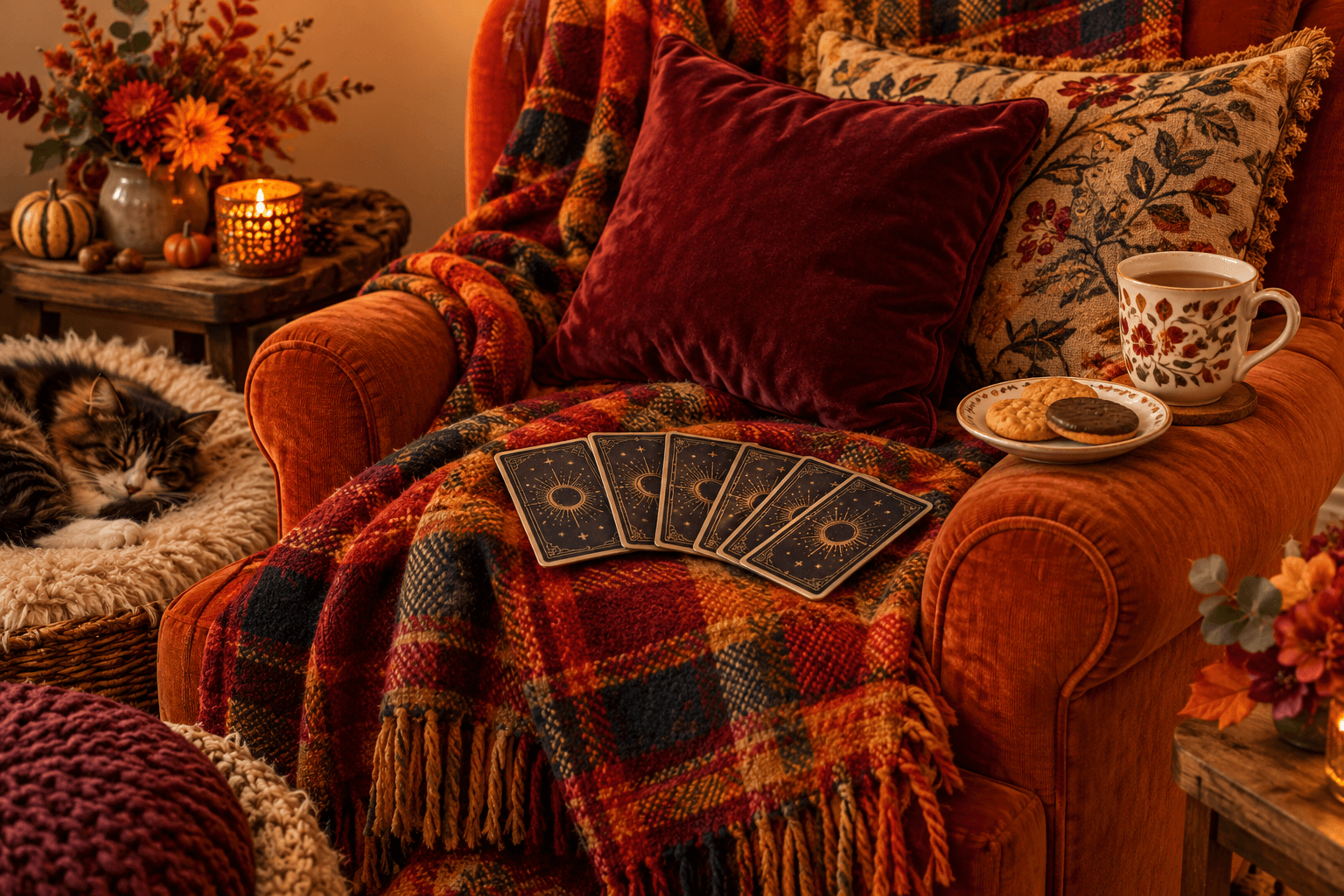 A cosy armchair with a tartan blanket, a cup of tea, biscuits and a fanned tarot deck face down