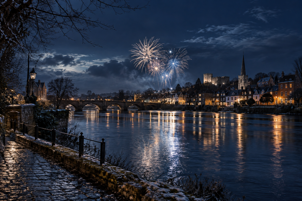 Distant New Year's Eve fireworks over a quiet riverside town at midnight