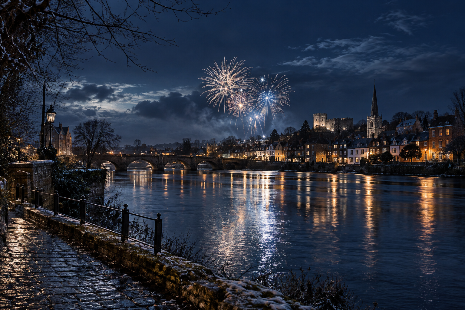 Distant New Year's Eve fireworks over a quiet riverside town at midnight
