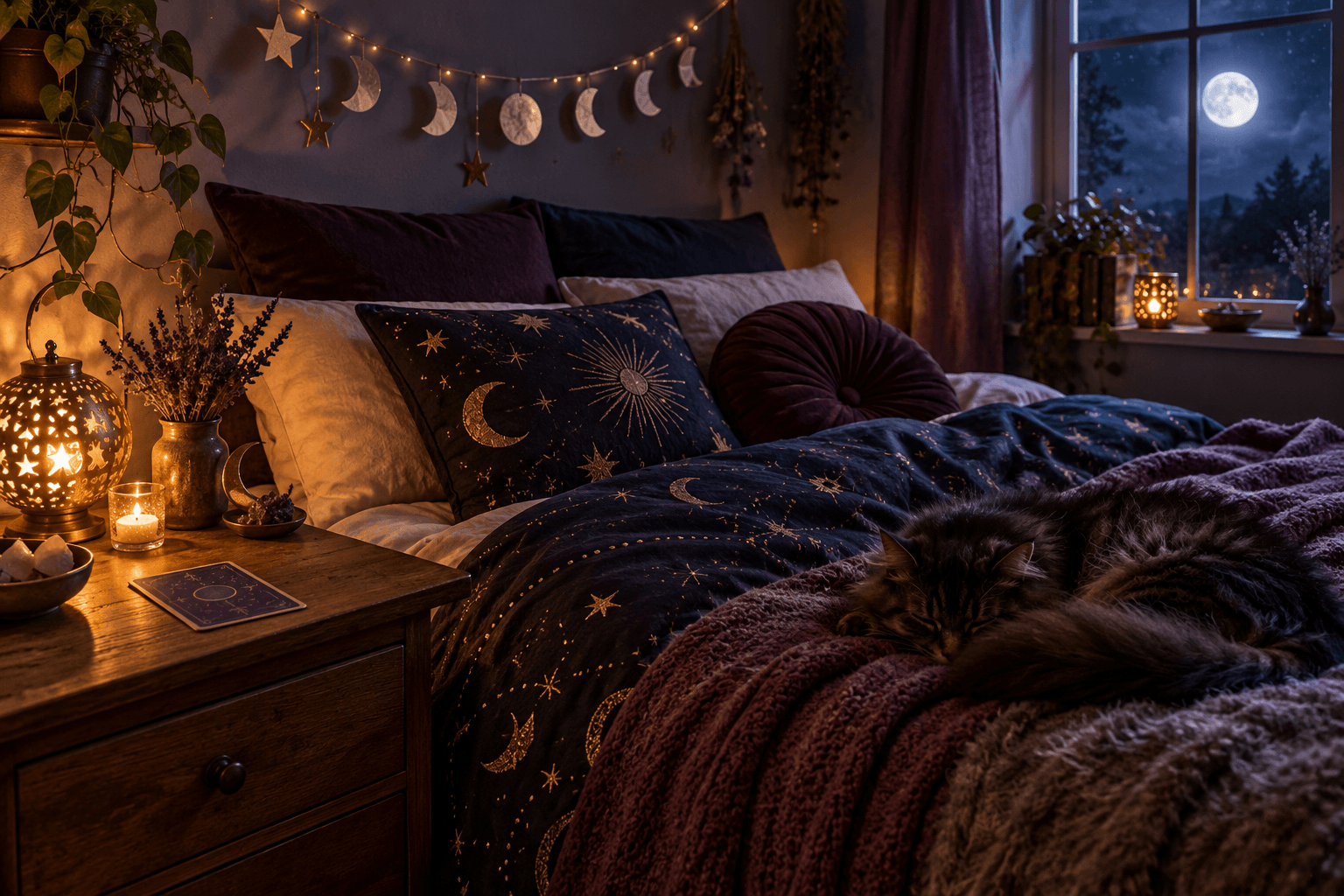 A cosy bed with a starry duvet and paper-moon garland, a tarot card on the bedside table and a sleepy cat in the moonlight