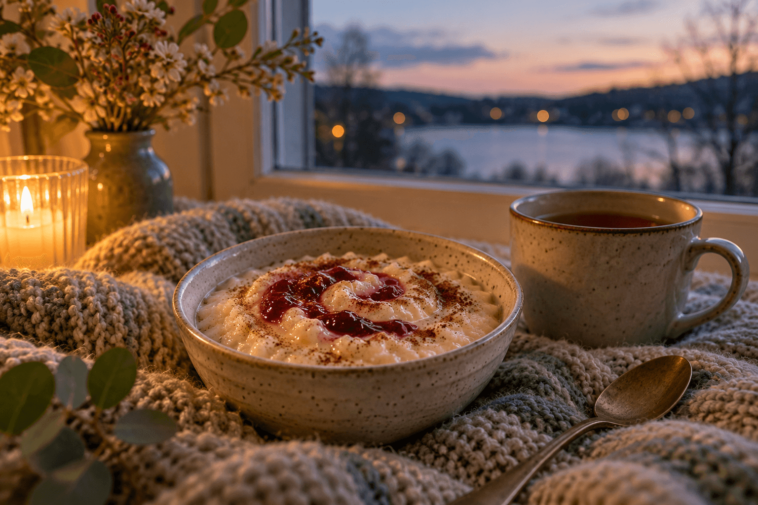 A small bowl of cinnamon rice pudding with jam on a cosy blanket by the window