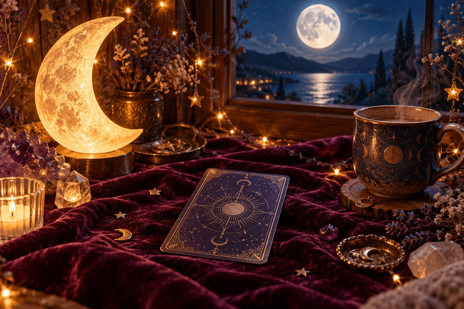 A tarot card on a plum velvet cloth with gold stars, a crescent-moon lamp and a glowing full moon in the window