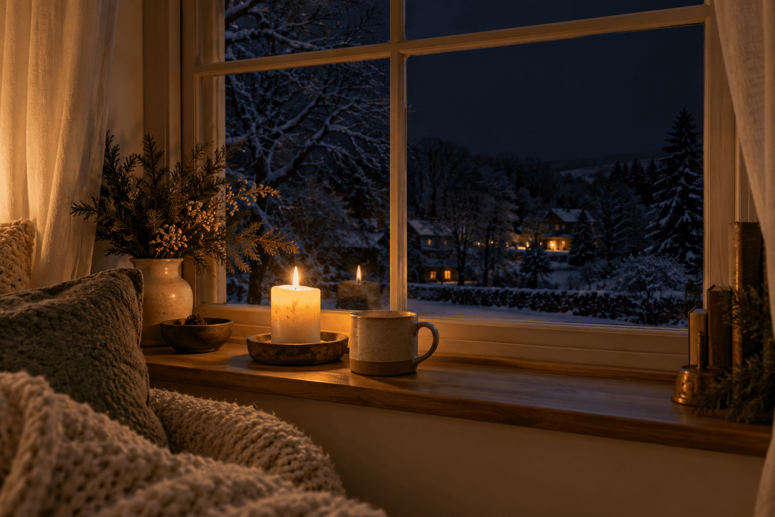A candle and a mug on a windowsill looking out at a dark, moonless winter sky