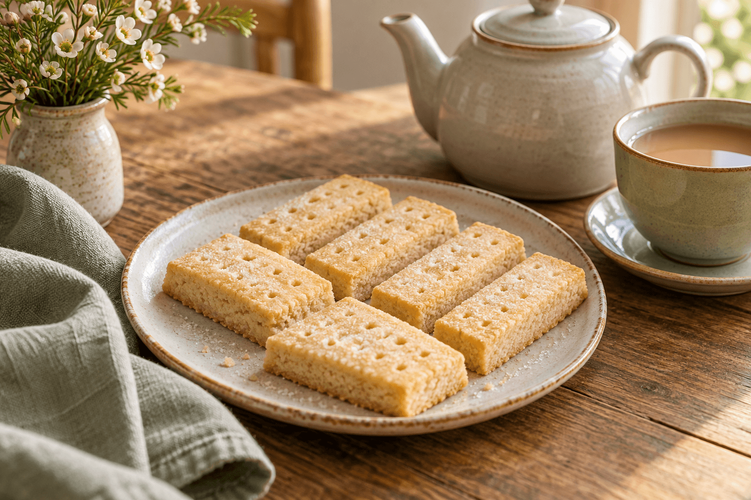Six small-batch shortbread fingers on a plate beside a cup of tea