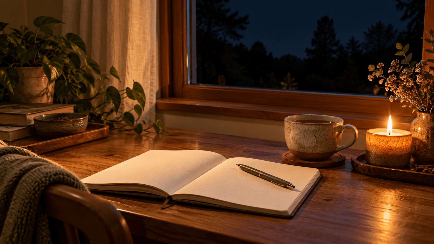 An open notebook, a cup of tea and a lit candle on a wooden table on a dark evening, ready for new moon journaling