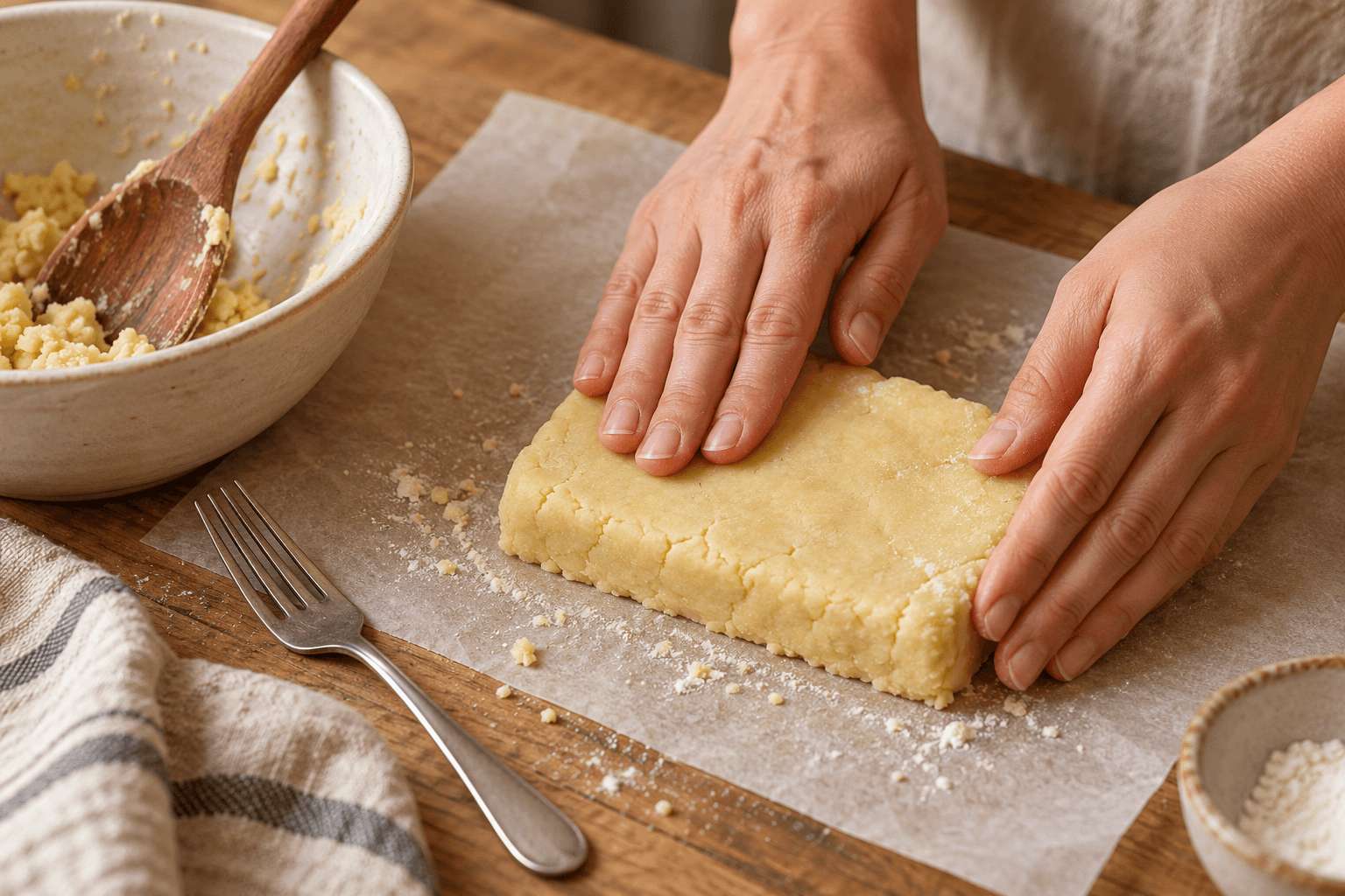 Pressing shortbread dough into a small rectangle on baking paper