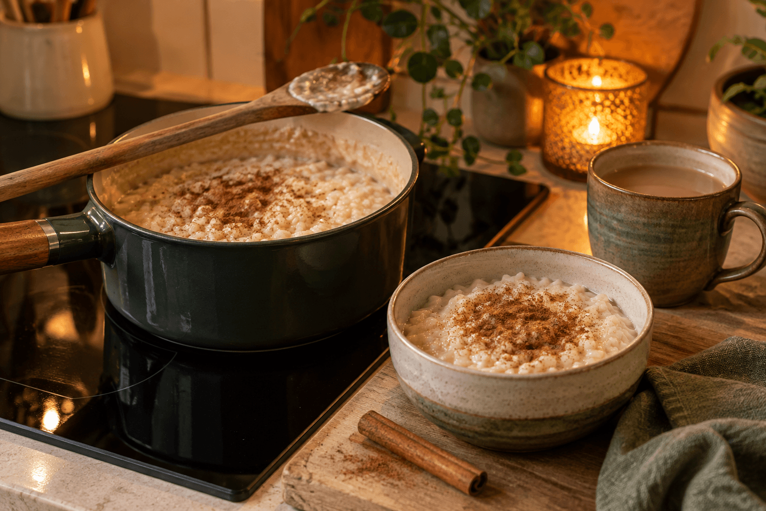 A small pan of stovetop cinnamon rice pudding beside one bowl dusted with cinnamon