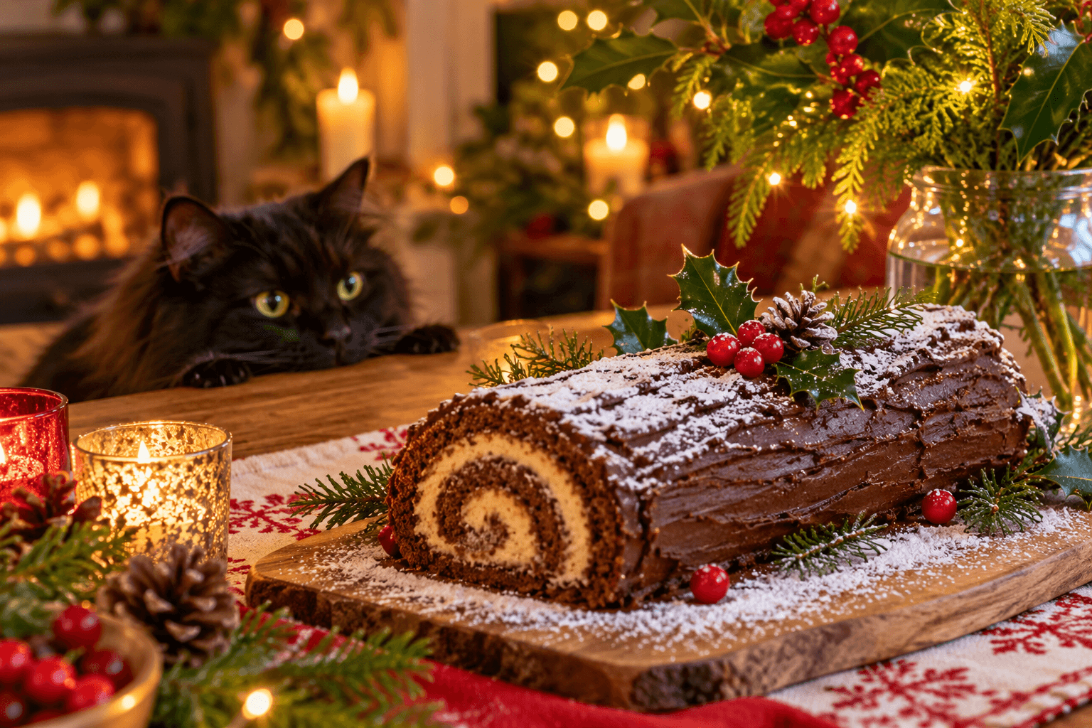 A chocolate Yule log with holly and powdered sugar snow, with a curious cat peeking at the table