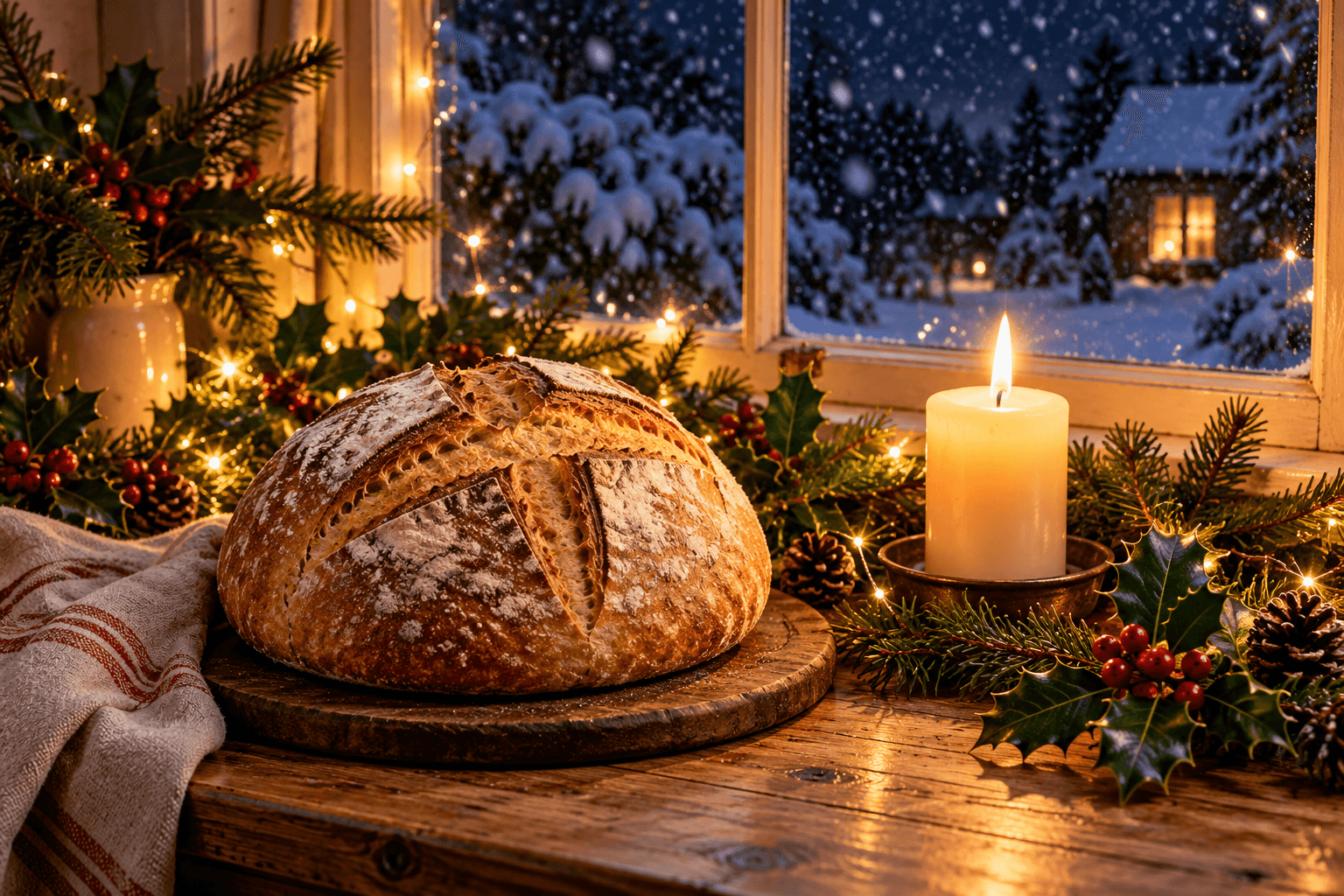 A round loaf of bread, a single candle and sprigs of holly on a table by a dark, snowy window on the winter solstice