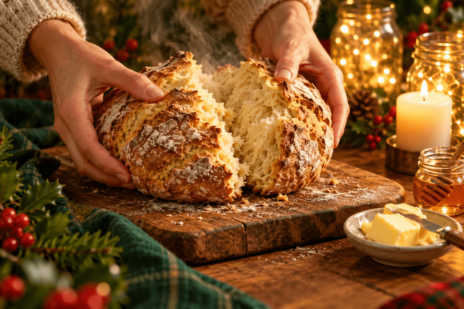 Hands tearing a warm loaf of soda bread with butter and honey by candlelight