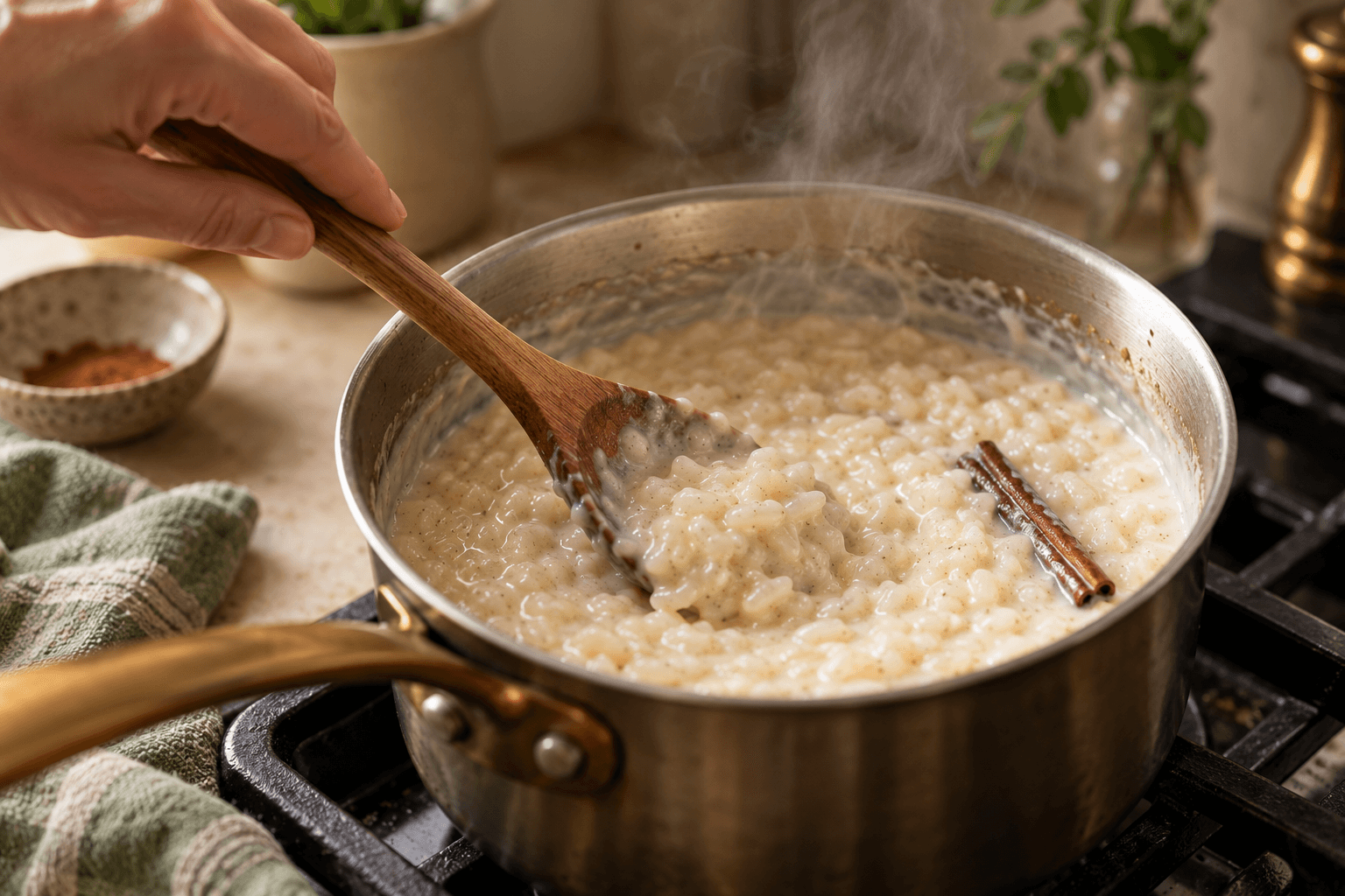 Stirring creamy rice pudding in a small pan on the stovetop
