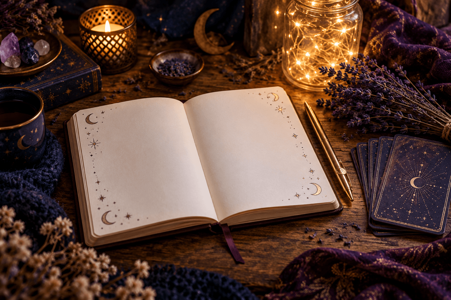 An open journal with doodled moons and stars beside a fanned tarot deck, lavender and a jar of fairy lights